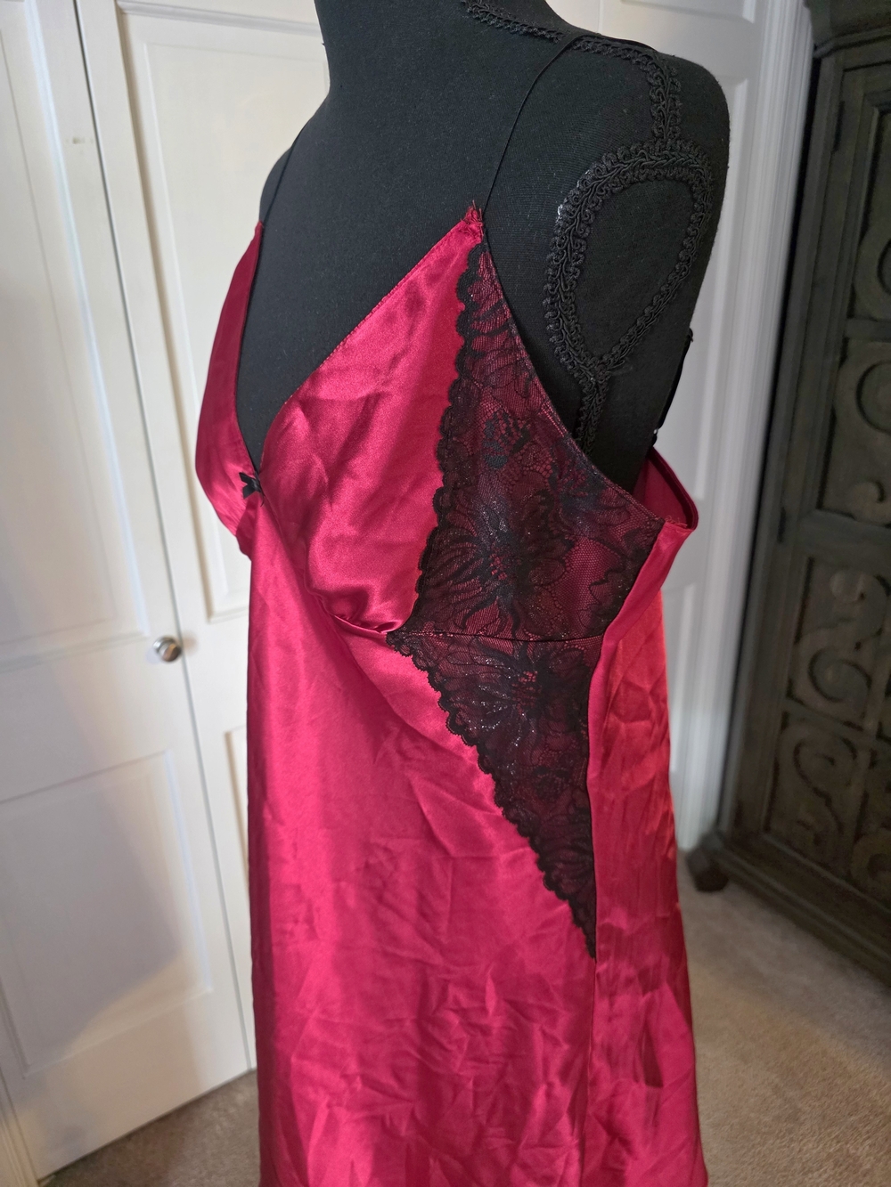 APT. 9 Satin Chemise Nightgown Large Red Black Lace Lingerie Sleep Dress - Picture 4 of 5